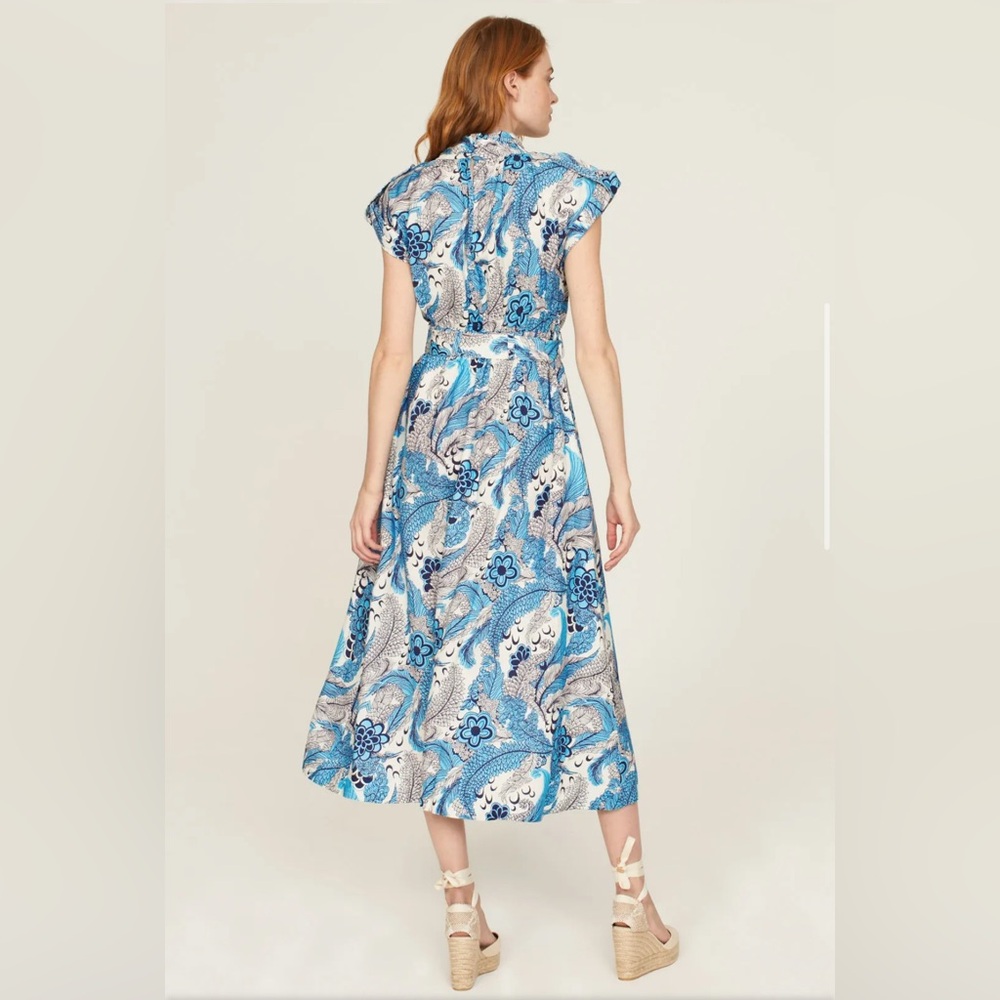 Derek Lam Collective Blue Swirl Floral Halter Midi Linen Dress Pockets Sz 2